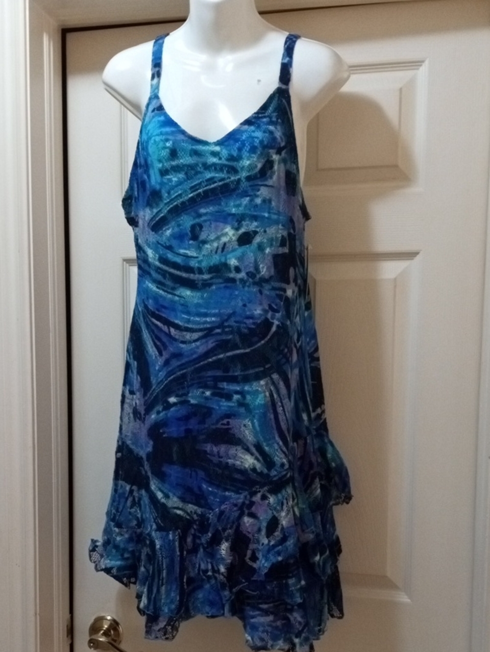 Tricotto Blue Abstract Y2K Ruffle-Hem Slip Dress